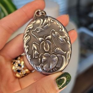 French repousse sterling floral mirror locket